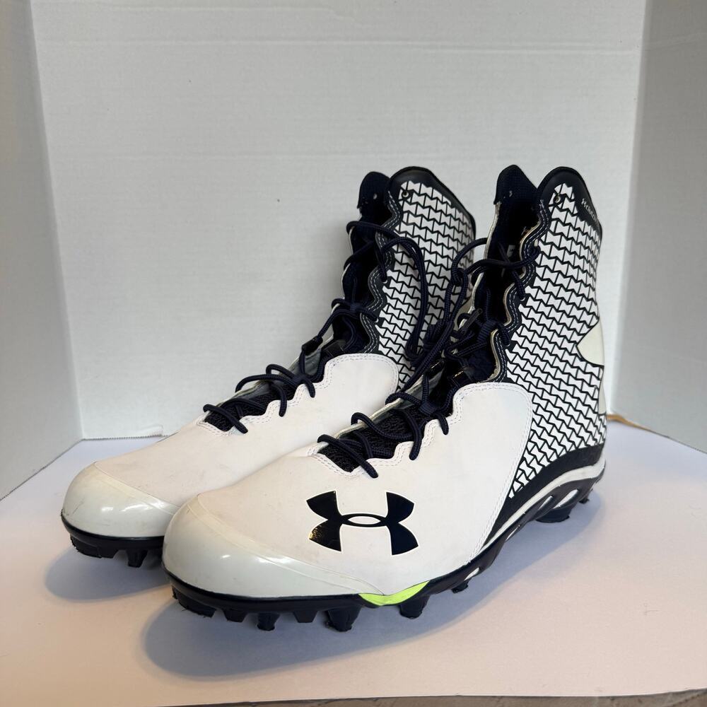 Under Armour ClutchFit High Top Football Cleats White Navy Mens 15 D